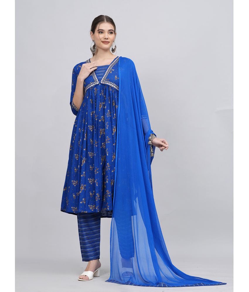     			JC4U Rayon Printed Kurti With Pants Women's Stitched Salwar Suit - Blue ( Pack of 1 )