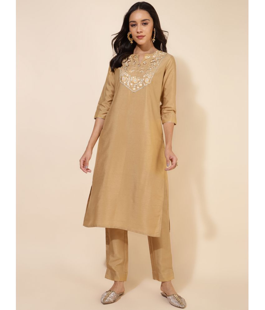     			Janasya Crepe Embroidered Kurti With Pants Women's Stitched Salwar Suit - Gold ( Pack of 1 )