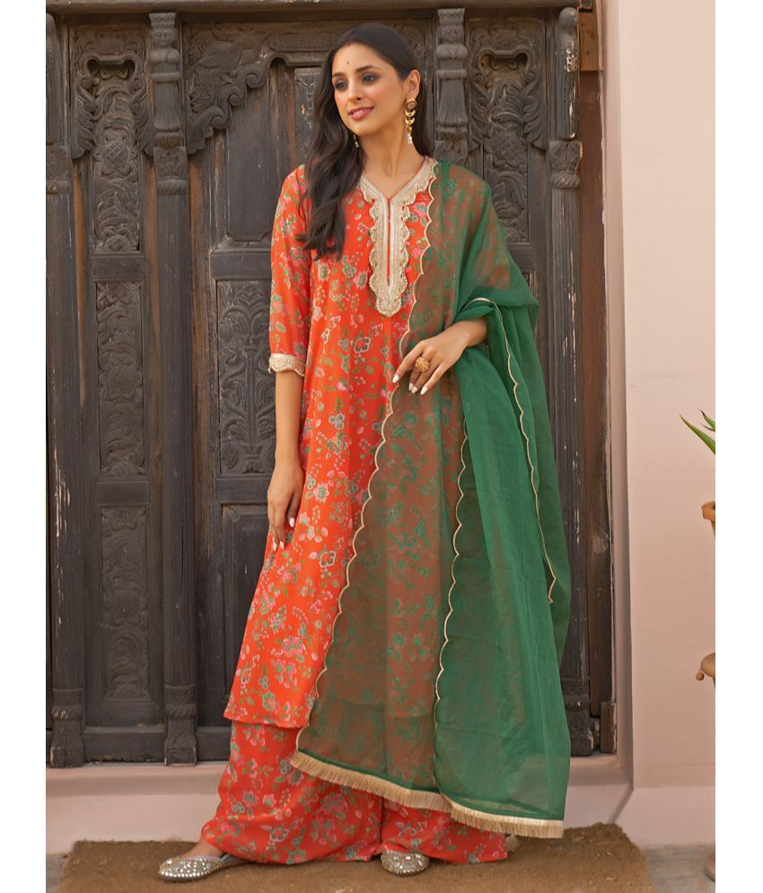    			Janasya Georgette Printed Kurti With Palazzo Women's Stitched Salwar Suit - Orange ( Pack of 1 )