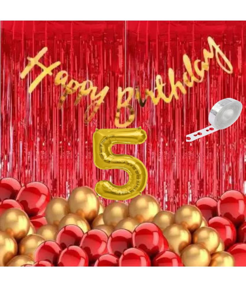     			KR 5TH/ FIFTH HAPPY BIRTHDAY PARTY DECORATION  WITH 1 GOLD BUNTING BANNER,50 RED GOLD BALLOON, 2 RED CURTAIN & 1 ARCH 5 NO. GOLD FOIL BALLOON