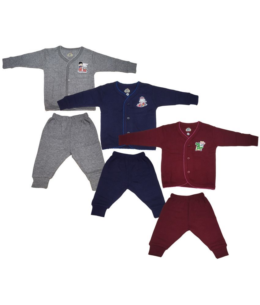     			Lux Inferno Grey, Maroon and Navy Front Open Full Sleeves Upper & Lower Thermal Set for Unisex/Kids/Baby - Pack of 3 (#Toddler)