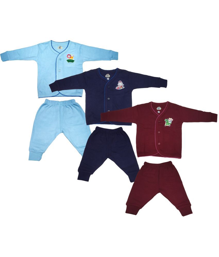     			Lux Inferno Maroon, Navy and SkyBlue Front Open Full Sleeves Upper & Lower Thermal Set for Unisex/Kids/Baby - Pack of 3 (#Toddler)