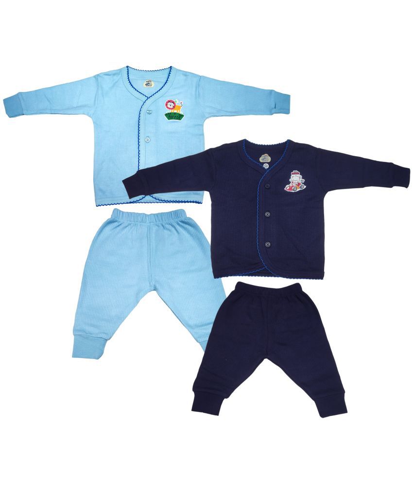     			Lux Inferno Navy and SkyBlue Front Open Full Sleeves Upper & Lower Thermal Set for Unisex/Kids/Baby - Pack of 2 (#Toddler)