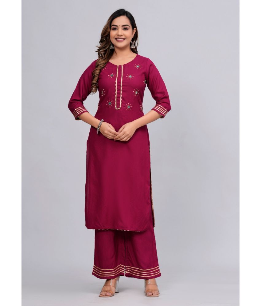     			MAUKA Rayon Embellished Kurti With Palazzo Women's Stitched Salwar Suit - Maroon ( Pack of 1 )