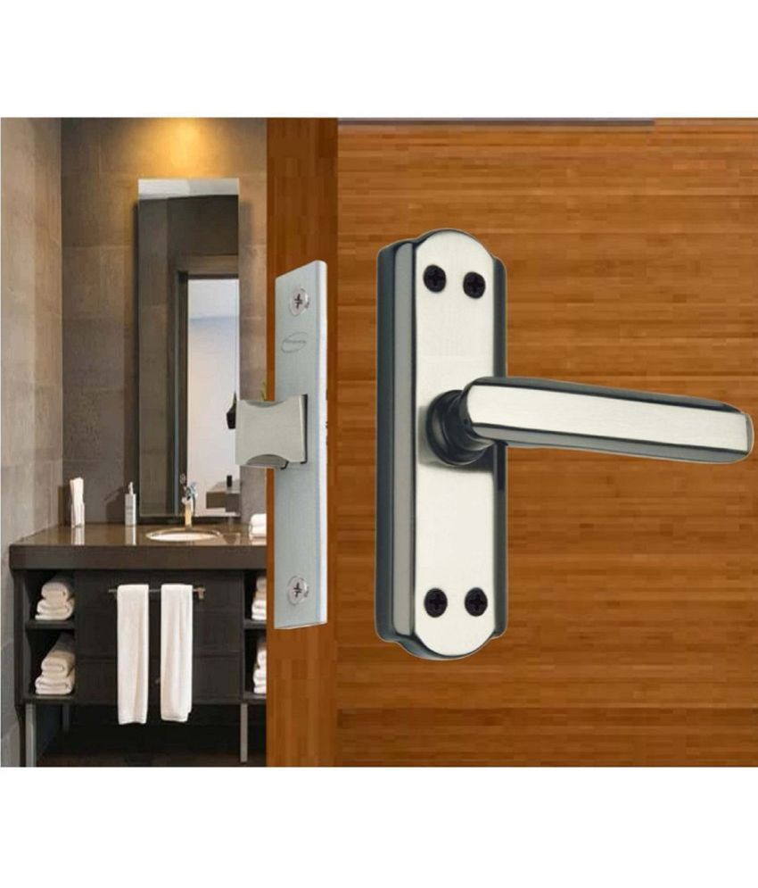     			OJASS Steel High Quality Premium Range Lock Bathroom Door Lock | Mortise Door Handle with Baby Latch Lock | Black Silver Finish | Keyless | Bathroom Lockset for Door | Balcony Toilet Washroom, pack of 1 set (S05BBS+BL2 )