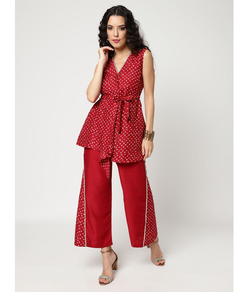     			Pannkh Women's Bandhani Foil Printed Asymmetric Top With Stylish Pants Set Having Lace Details