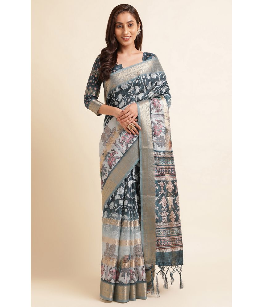     			Rekha Maniyar Silk Blend Printed Saree With Blouse Piece - Teal ( Pack of 1 )