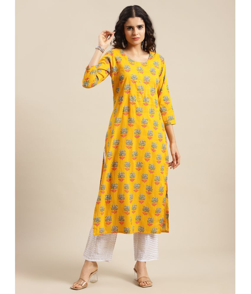     			Varanga Cotton Printed Straight Women's Kurti - Yellow ( Pack of 1 )