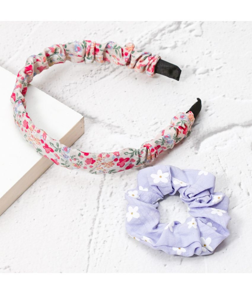     			Yellow Bee Crinkled Floral Hairband and Daisy Scrunchie Combo- Pink and Purple