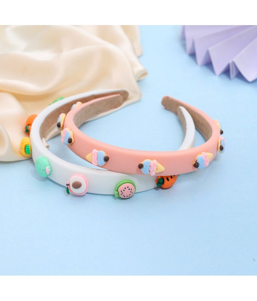     			Yellow Bee Set Of 2 Ice Cream & Fruits Embellished Hair Band - Peach & White