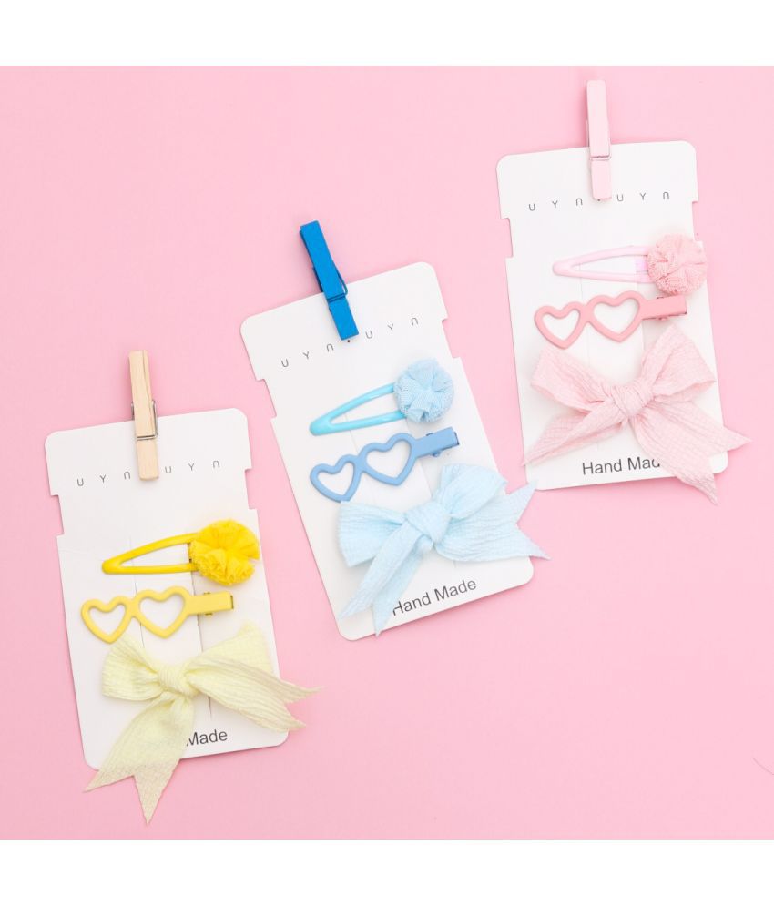     			Yellow Bee Sets Fabric & Metal Bow & Heart Detailed Hair Clips Pack Of 3, Yellow,Blue & Pink