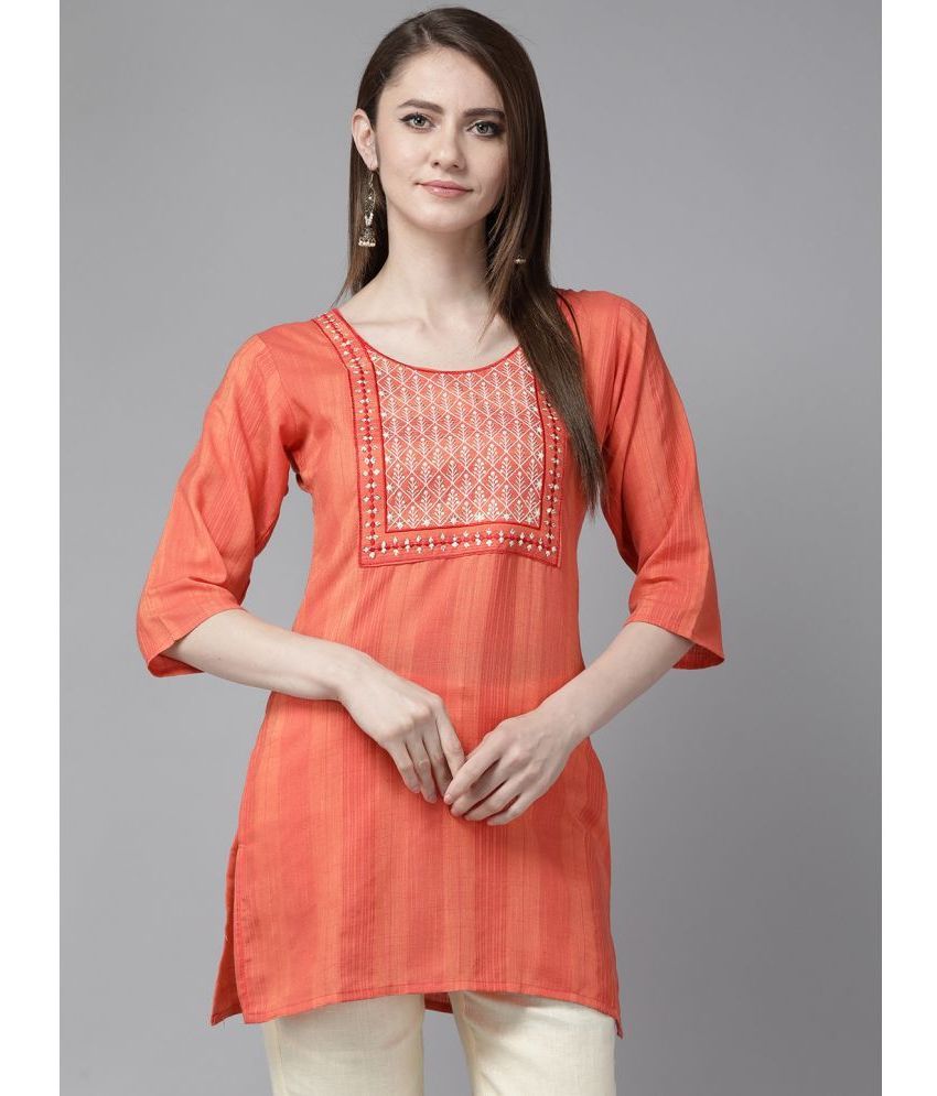     			Aarika Cotton Embroidered Straight Women's Kurti - Orange ( Pack of 1 )