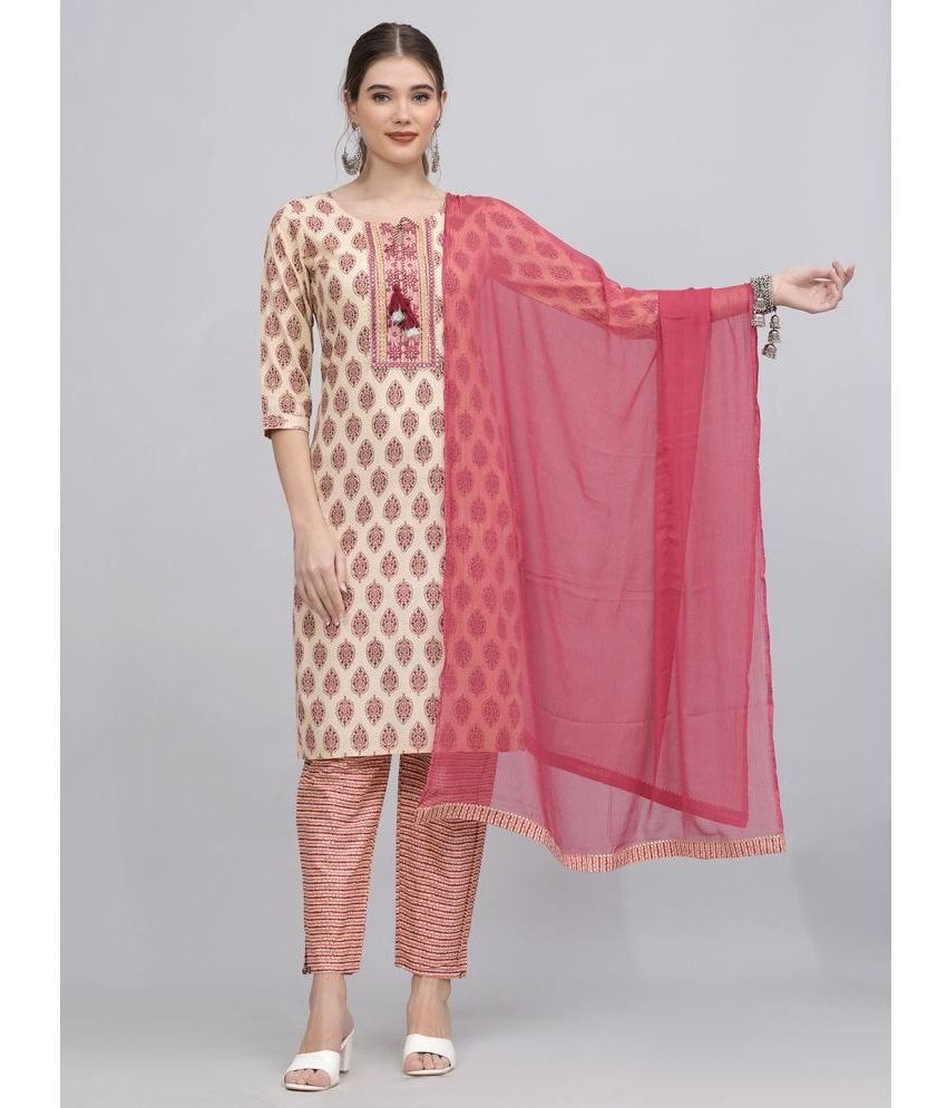     			JC4U Cotton Printed Kurti With Pants Women's Stitched Salwar Suit - Peach ( Pack of 1 )