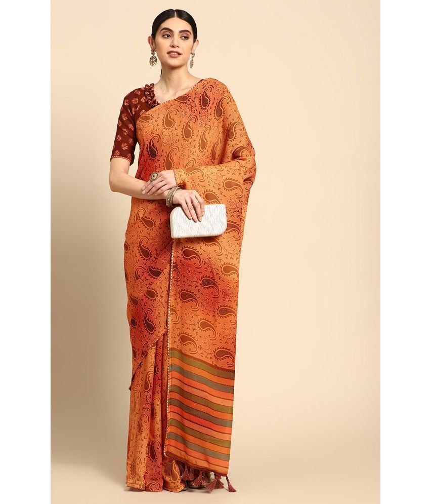     			Rekha Maniyar Chiffon Printed Saree With Blouse Piece - Orange ( Pack of 1 )