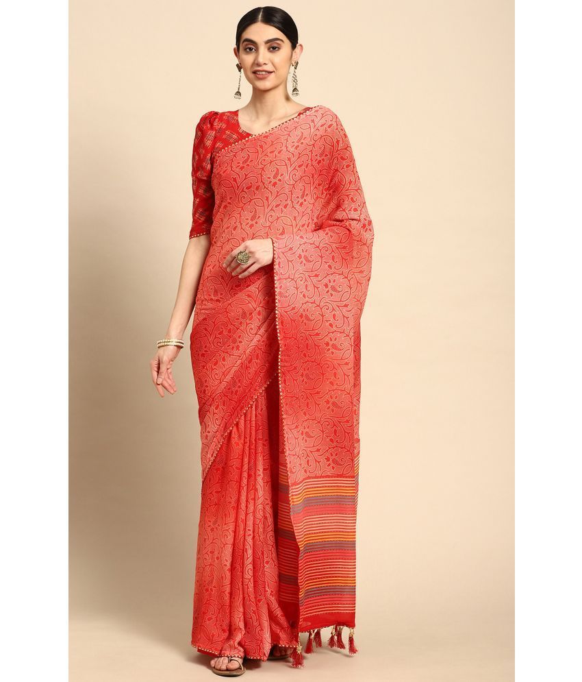     			Rekha Maniyar Chiffon Printed Saree With Blouse Piece - Red ( Pack of 1 )