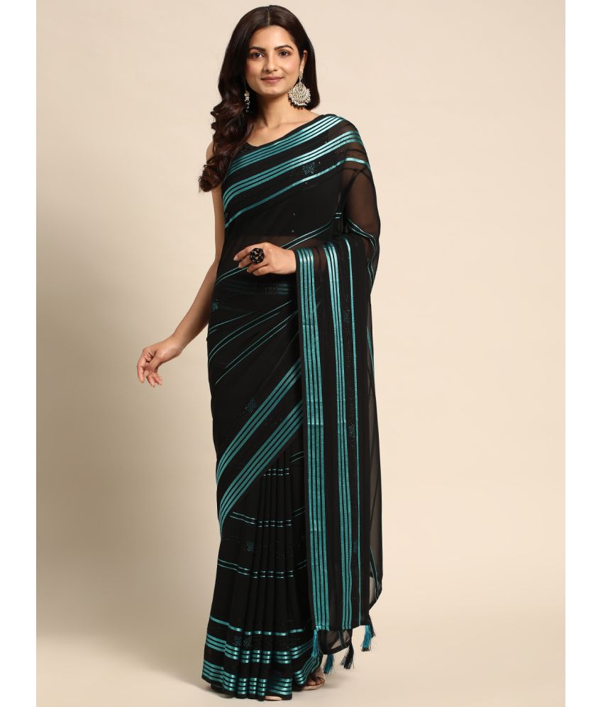     			Rekhamaniyar Fashions Georgette Striped Saree With Blouse Piece - Teal ( Pack of 1 )