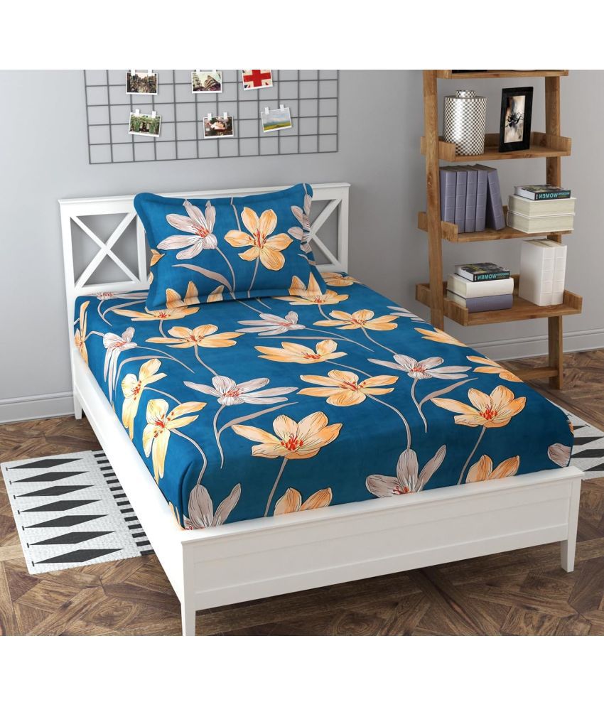     			Shaphio Microfiber Floral Single Size Bedsheet with 1 Pillow Cover - Light Blue