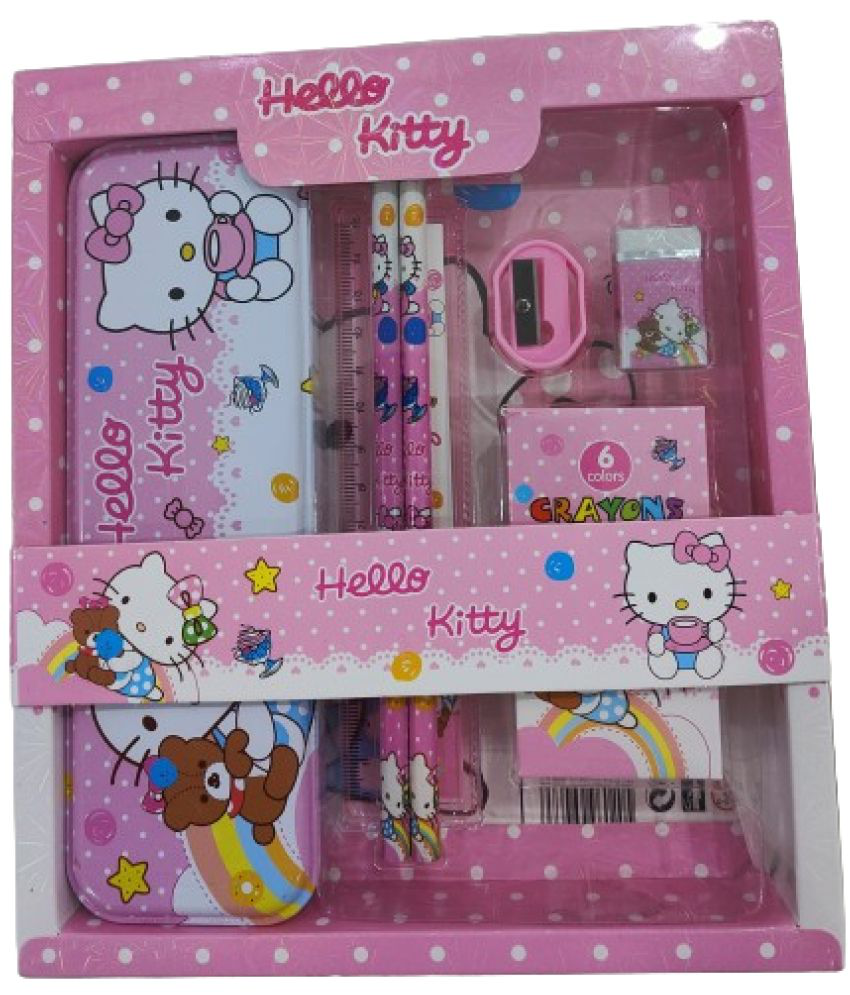     			2307 YESKART - HELLO KITTY  Theme 12 pcs All in One Stationery Set Combo Boys Girls Pencil Box Set School Supplies Stationery Gift Set Kit with 1 Pencil Box Case 2 Pencils 6 Crayon Colours 1 Ruler Scale Eraser Sharpener Kit for Kids