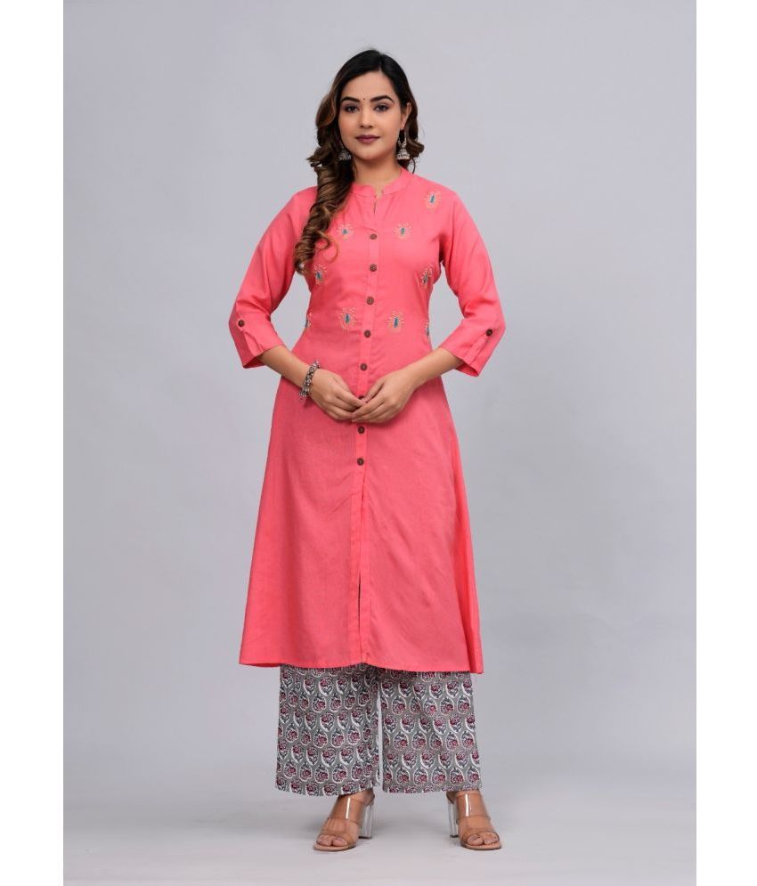     			MAUKA Rayon Embroidered Kurti With Palazzo Women's Stitched Salwar Suit - Pink ( Pack of 1 )