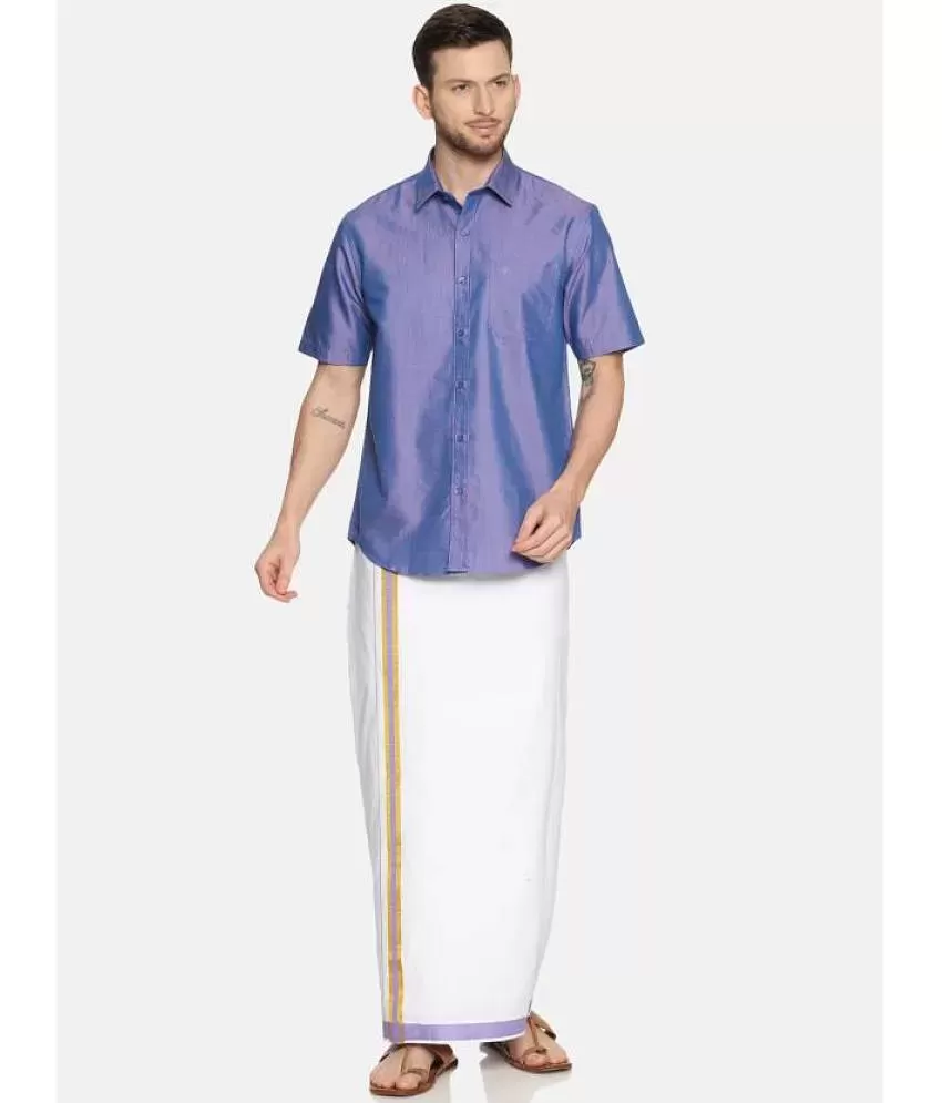 Ramraj cotton Blue Cotton Blend Regular Fit Men's Dhoti Shirt Set