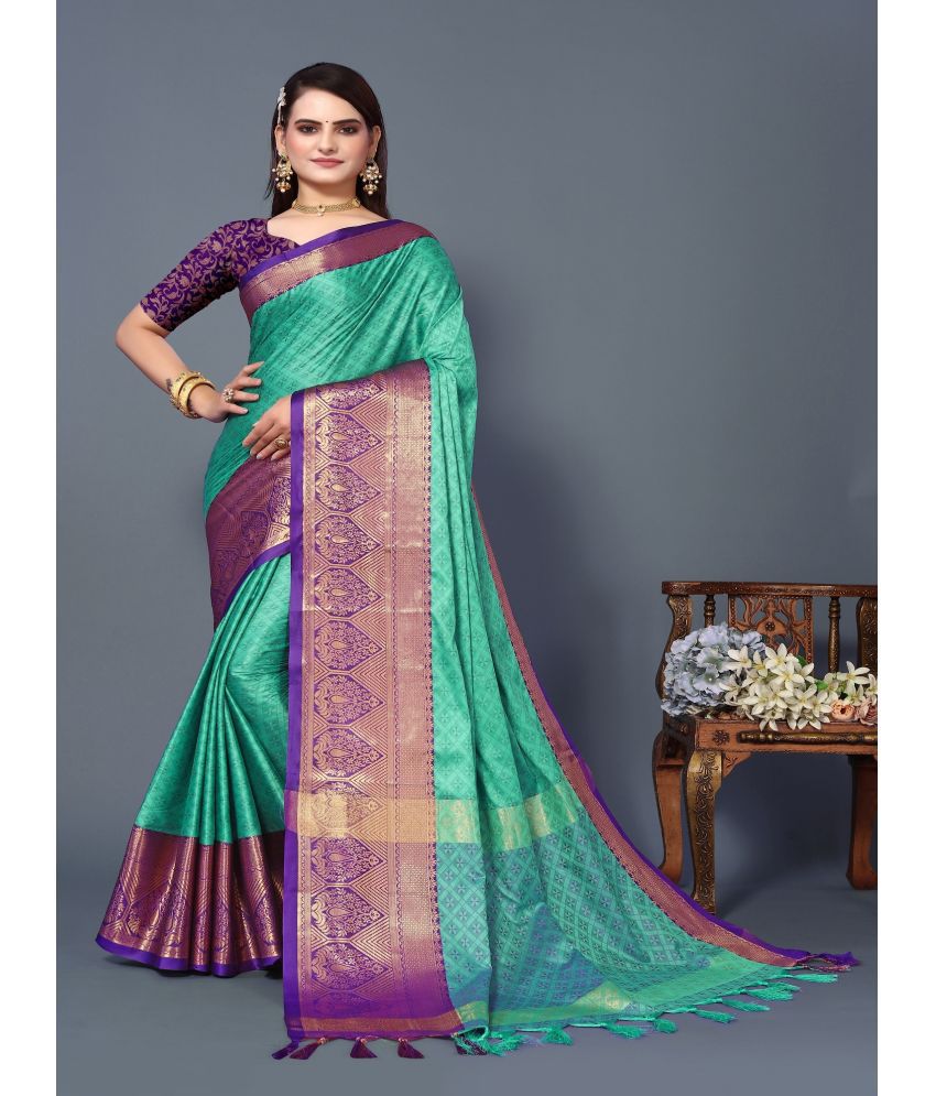     			JULEE Banarasi Silk Embellished Saree With Blouse Piece - Turquoise ( Pack of 1 )