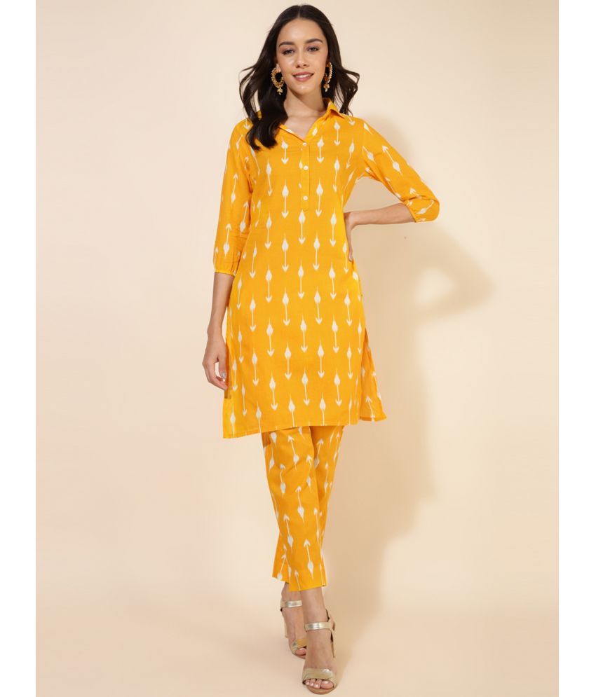     			Janasya Cotton Printed Kurti With Pants Women's Stitched Salwar Suit - Yellow ( Pack of 1 )