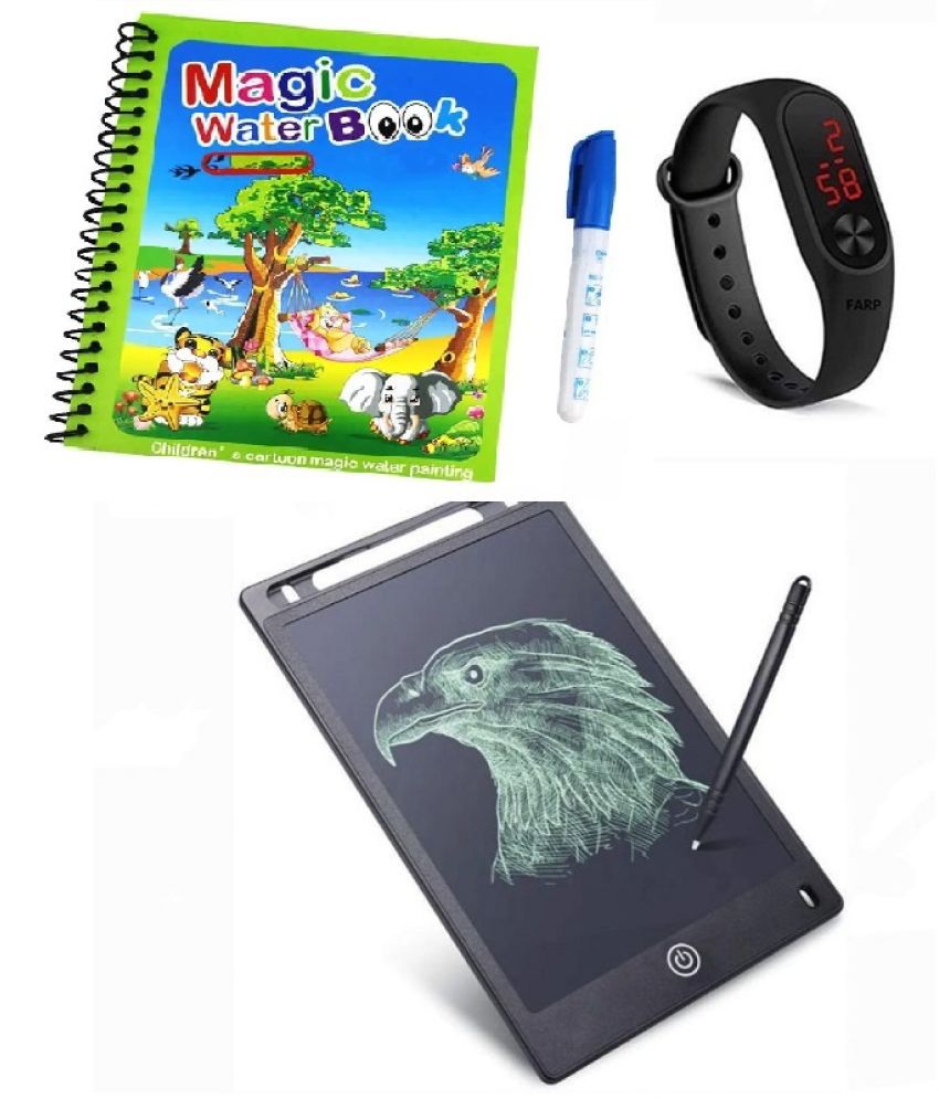     			Combo Of 3 Pack - Water Magic  book & LCD Writing Tablet slate & LED Band Watch Digitel Multicolor By Zriyos