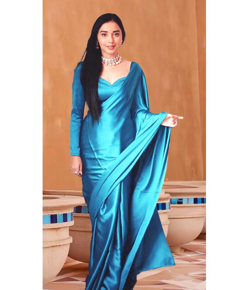     			Rangita Ready to Wear Stitched Satin Solid Saree With Blouse Piece - Teal