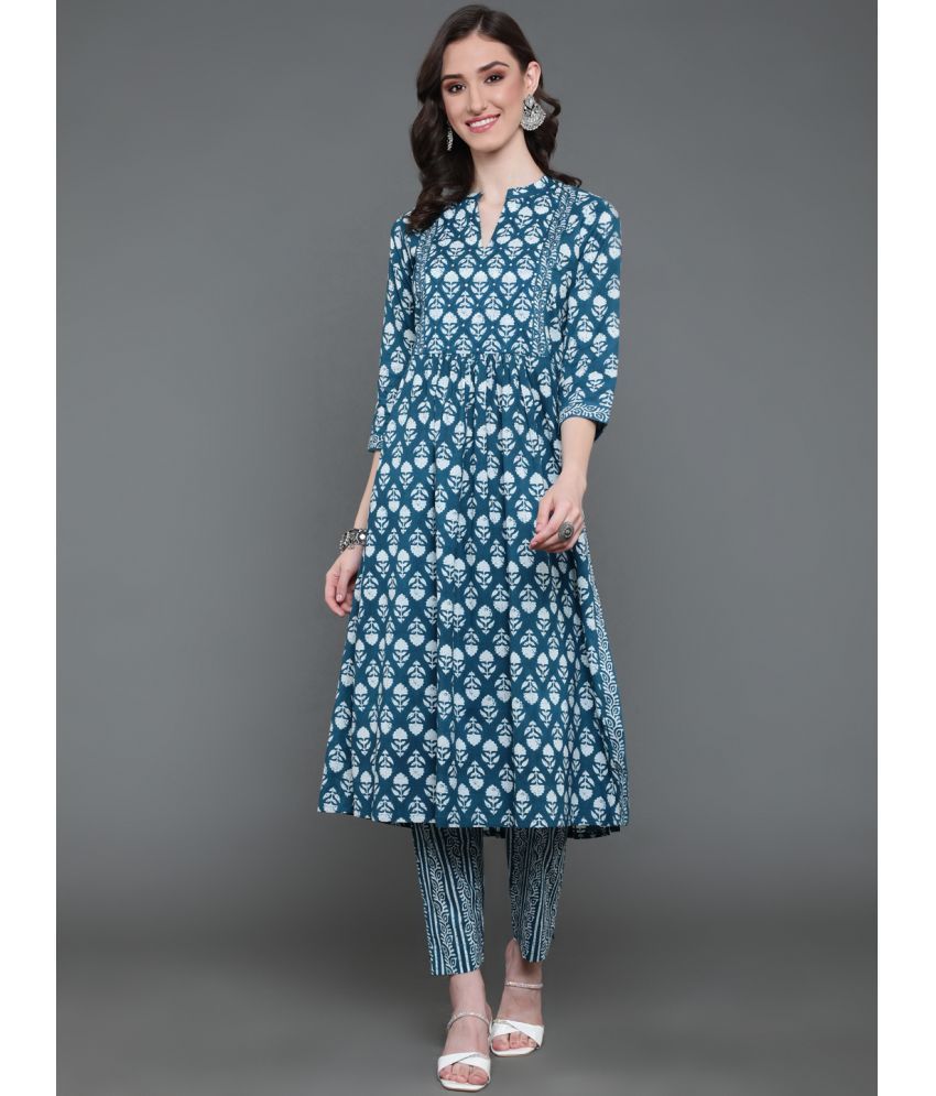     			Antaran Cotton Printed Kurti With Pants Women's Stitched Salwar Suit - Blue ( Pack of 1 )