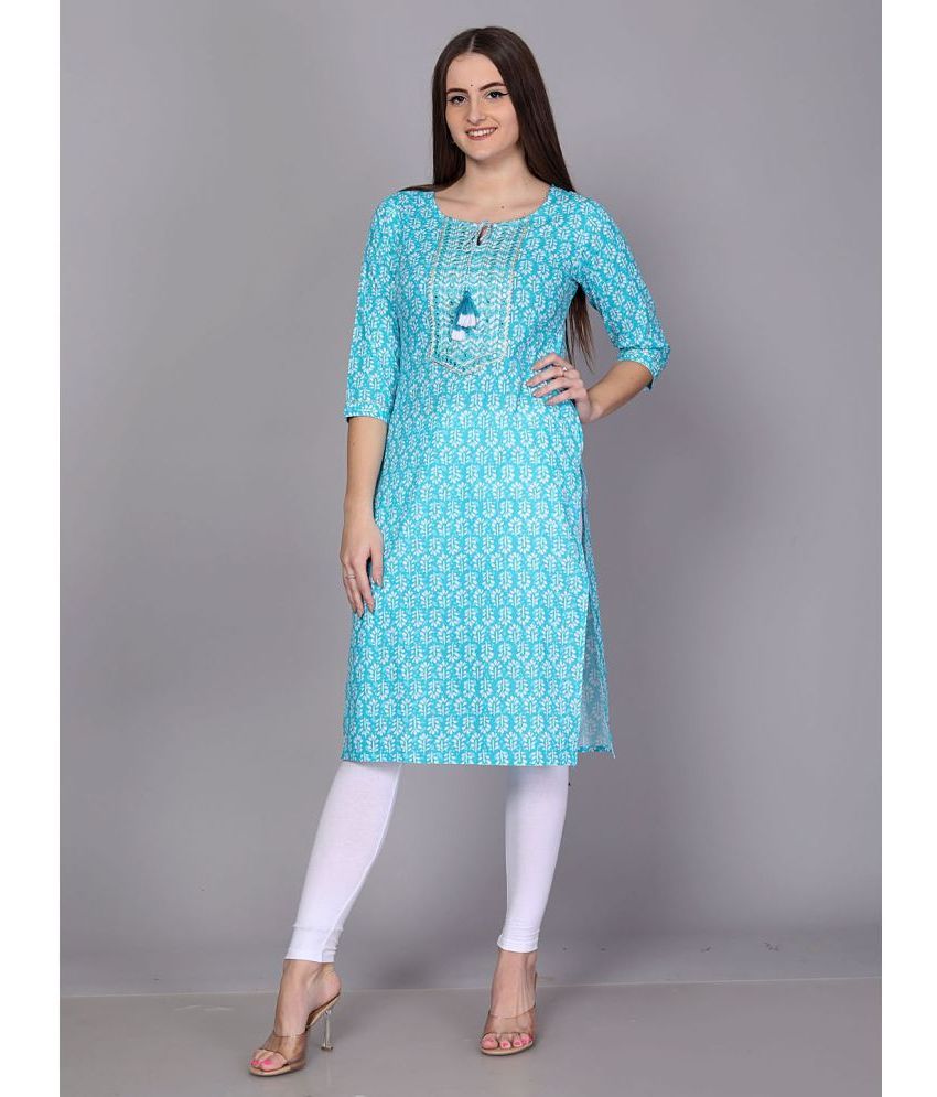     			HIGHLIGHT FASHION EXPORT Cotton Printed Straight Women's Kurti - Light Blue ( Pack of 1 )