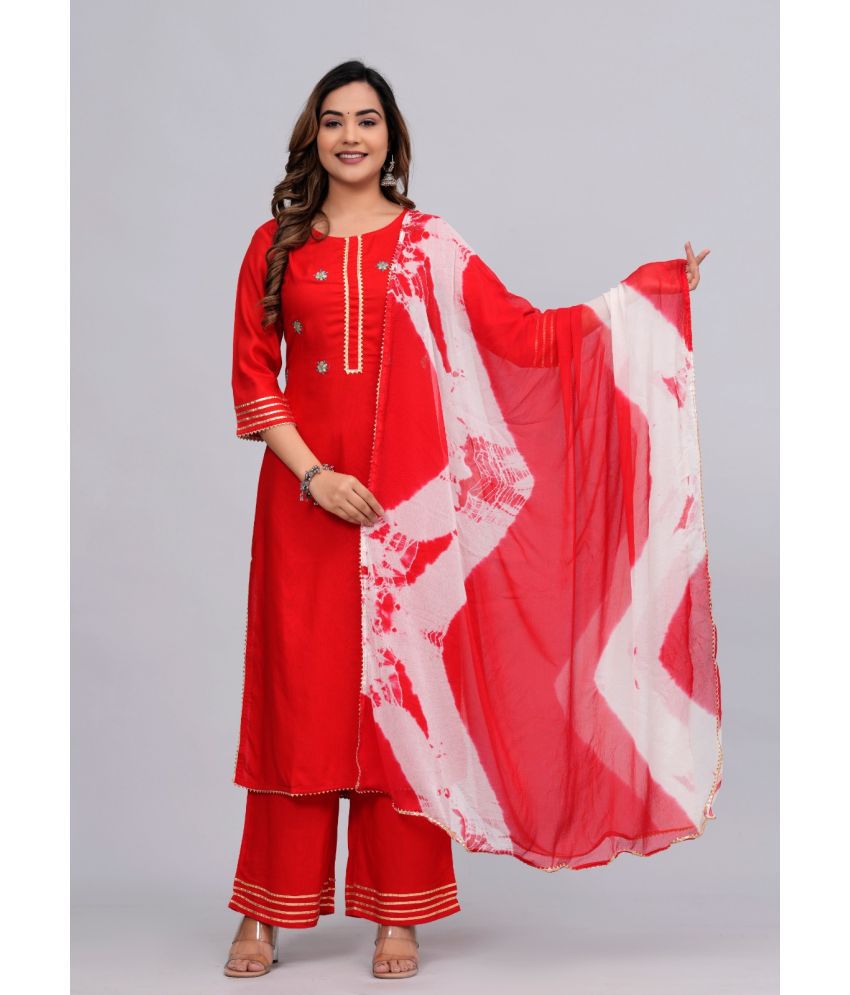     			MAUKA Rayon Embellished Kurti With Palazzo Women's Stitched Salwar Suit - Red ( Pack of 1 )