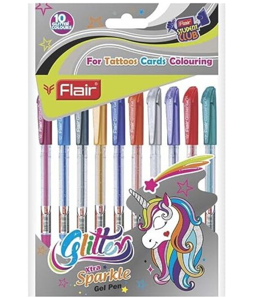     			FLAIR Glitter Sparkle 1.0mm, 10 Pcs Different Ink Colors Blister Pack Gel Pen (Pack of 4, Blue)