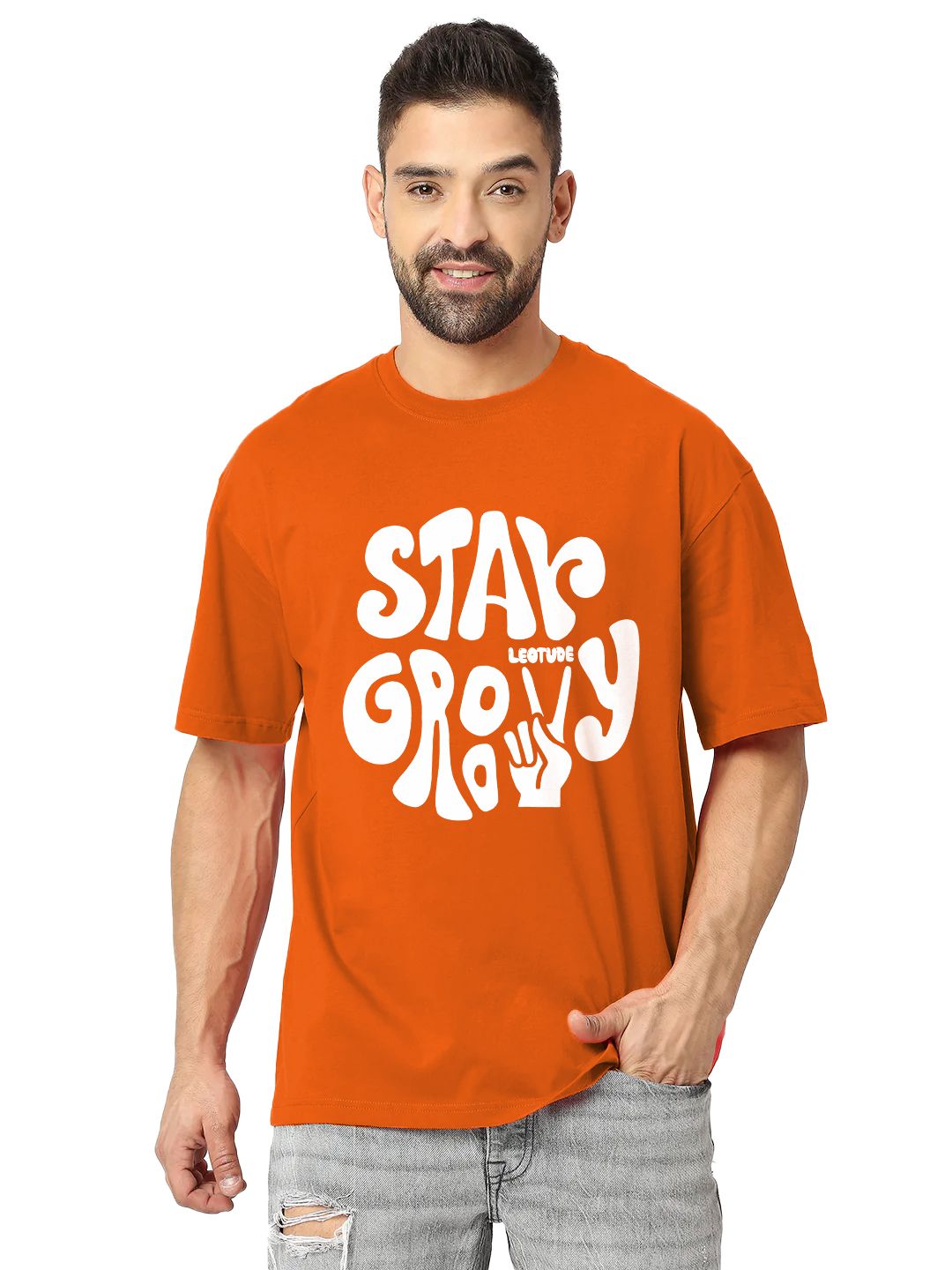     			Leotude Cotton Blend Oversized Fit Printed Half Sleeves Men's T-Shirt - Orange ( Pack of 1 )