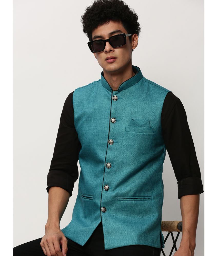     			Showoff - Blue Jute Men's Nehru Jacket ( Pack of 1 )