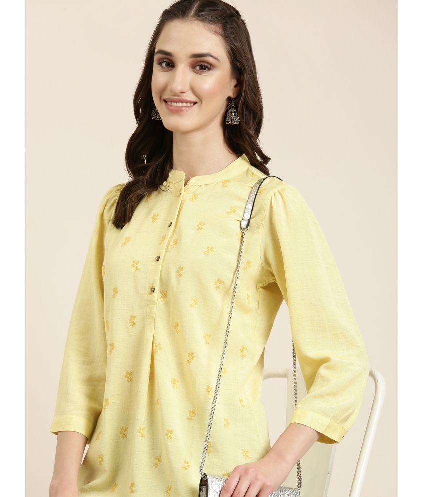     			Showoff Cotton Blend Embellished Straight Women's Kurti - Yellow ( Pack of 1 )