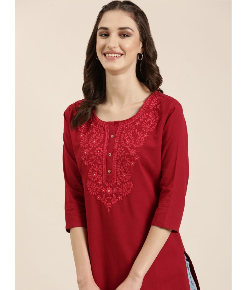     			Showoff Cotton Blend Embellished Straight Women's Kurti - Maroon ( Pack of 1 )