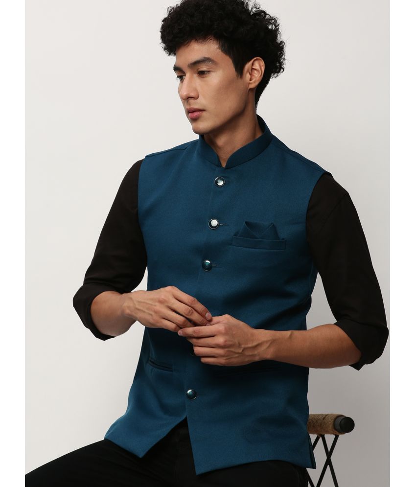     			Showoff - Teal Cotton Blend Men's Nehru Jacket ( Pack of 1 )