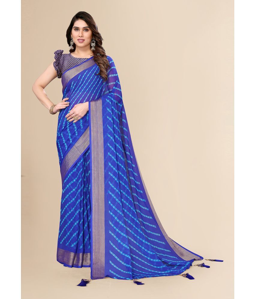     			FABMORA Chiffon Printed Saree With Blouse Piece - Blue ( Pack of 1 )