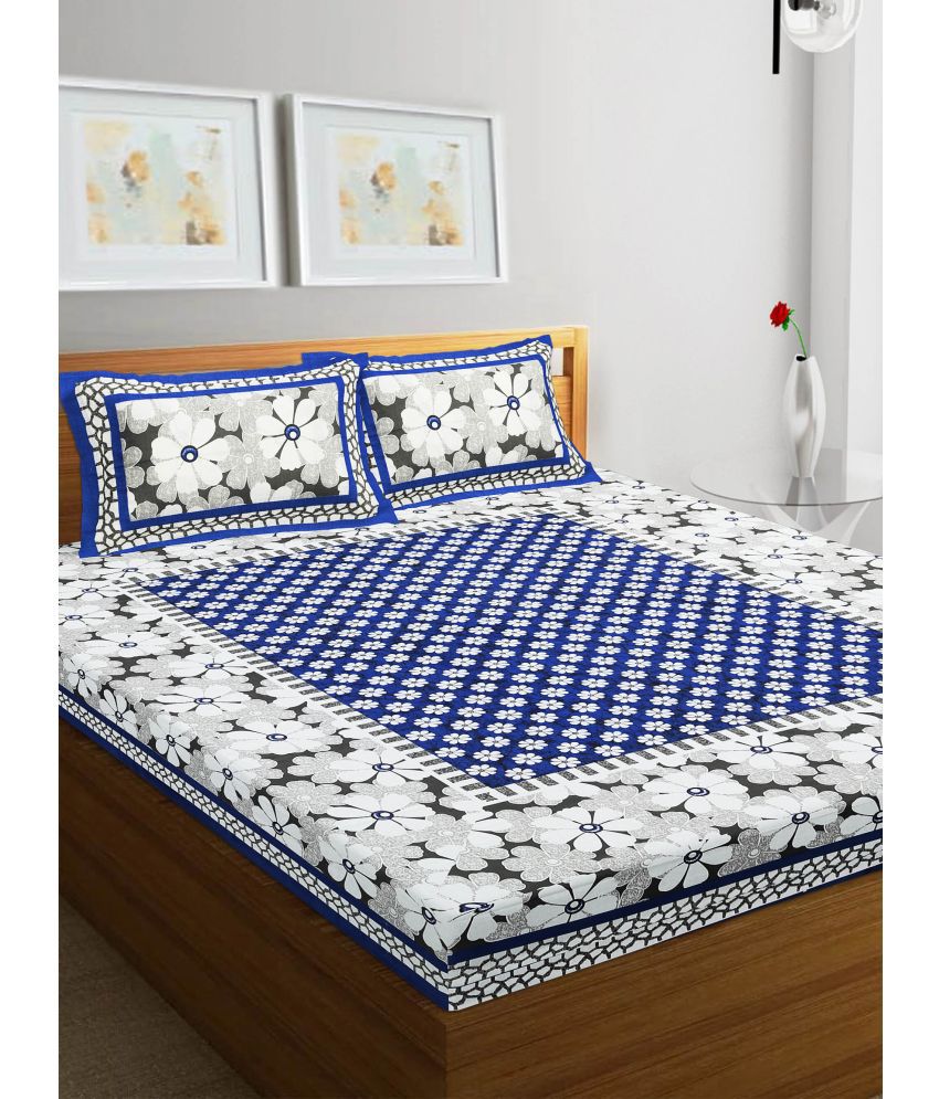     			RajasthaniKart Cotton Floral Double Bedsheet with 2 Pillow Covers - Blue