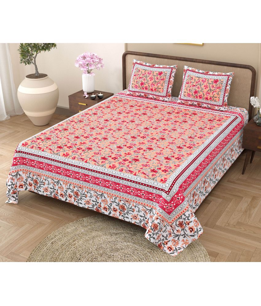     			RajasthaniKart Cotton Floral Double Bedsheet with 2 Pillow Covers - pink