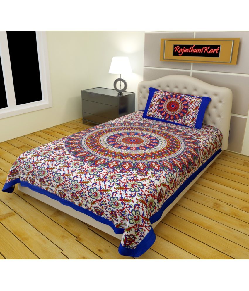     			RajasthaniKart Cotton Floral Single Bedsheet with 1 Pillow Cover - Blue