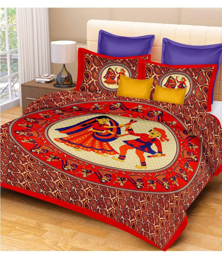     			RajasthaniKart Cotton Ethnic Double Bedsheet with 2 Pillow Covers - red