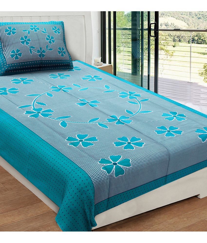     			RajasthaniKart Cotton Floral Single Bedsheet with 1 Pillow Cover - Blue