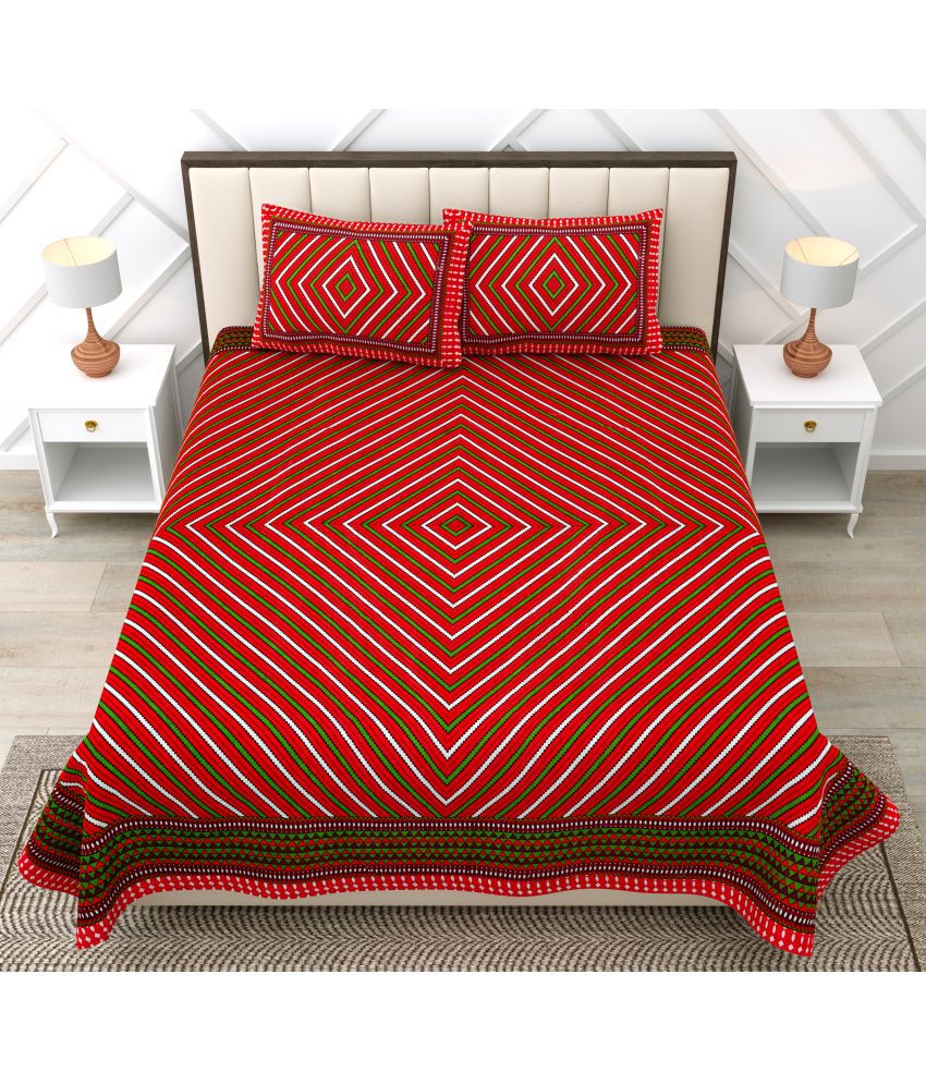     			RajasthaniKart Cotton Geometric Double Bedsheet with 2 Pillow Covers - red