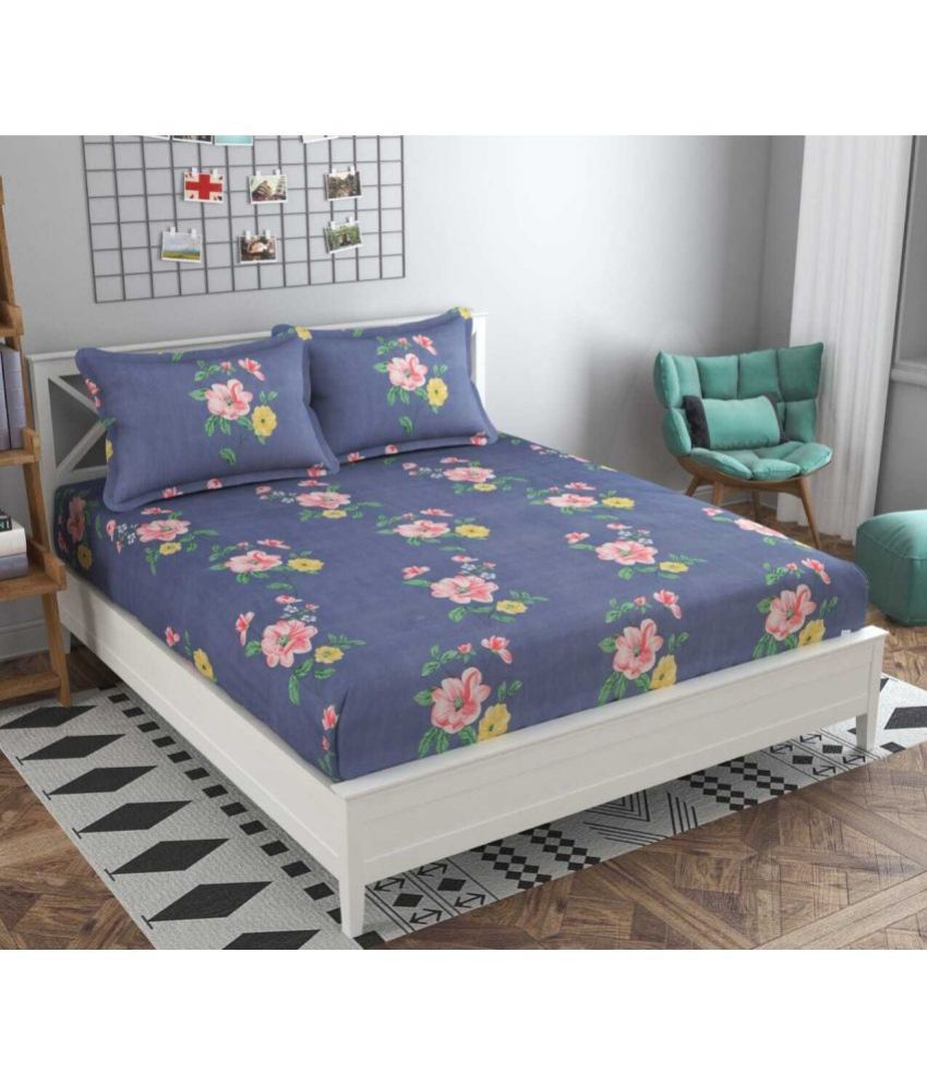     			Decent Home Cotton Floral 1 Bedsheet with 2 Pillow Covers - Blue