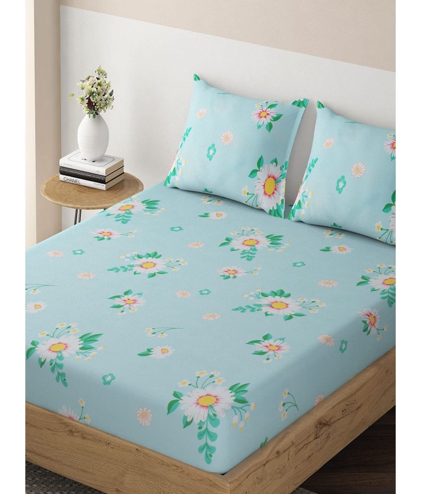     			HOKIPO Microfibre Floral Fitted Fitted bedsheet with 2 Pillow Covers ( Double Bed ) - Blue