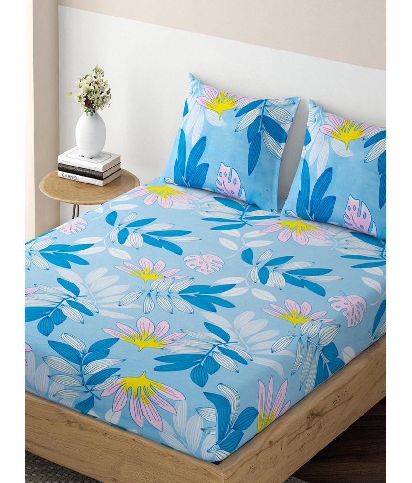     			HOKIPO Microfibre Floral Fitted Fitted bedsheet with 2 Pillow Covers ( King Size ) - Blue