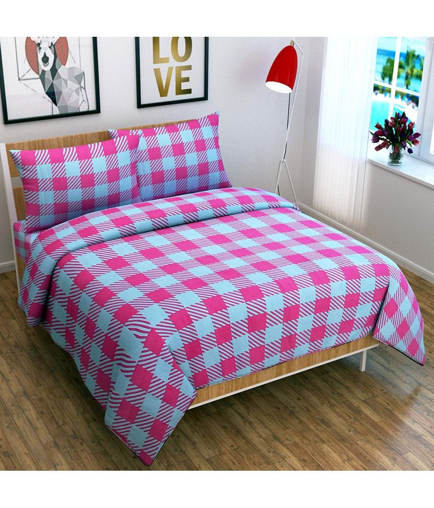     			JAMJUWAL Poly Cotton Big Checks Double Bedsheet with 2 Pillow Covers - Pink