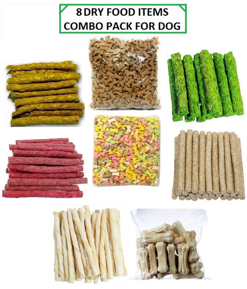     			The Treat Home 8 Dog Food Items (4 Mix) Munchy Stick,  Delicious Veg (Cocoa & Mix) Biscuits, White Stick, Calcium Bone (Each 50Gm)