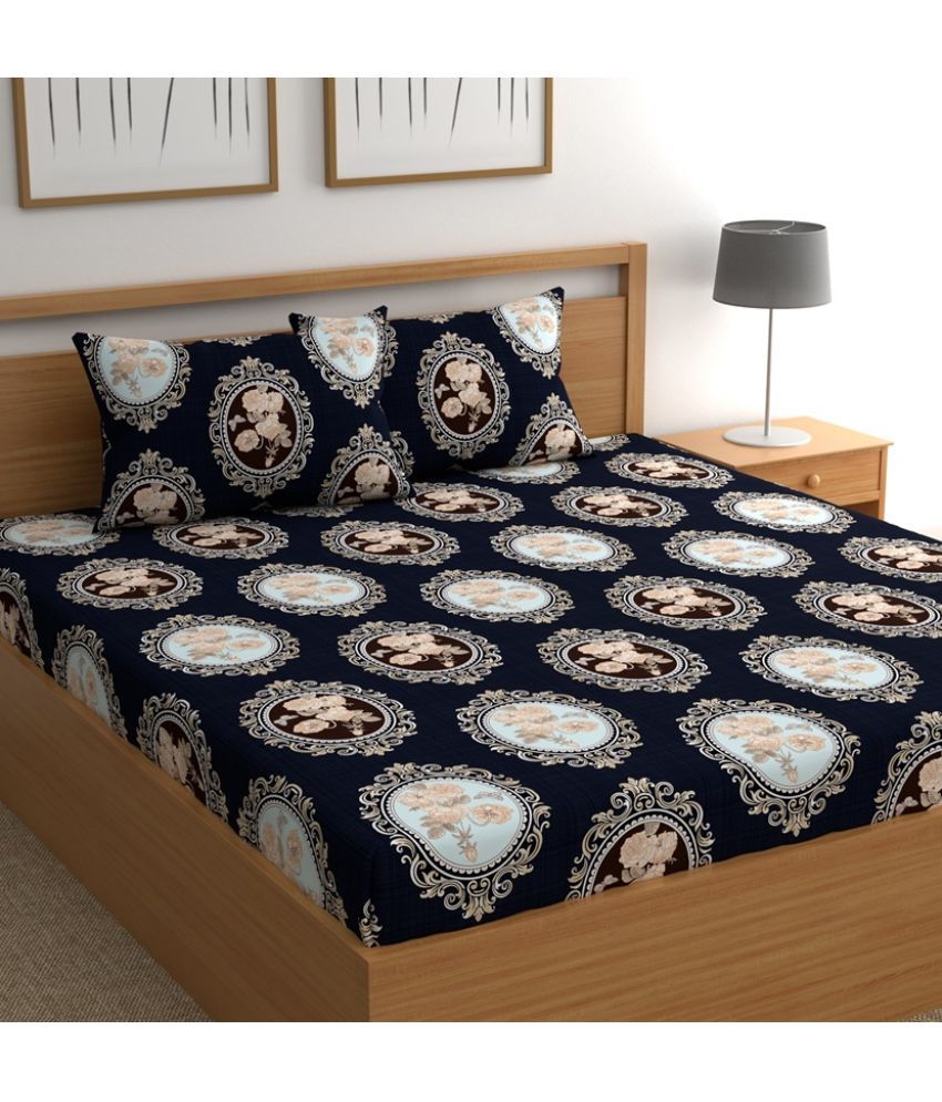     			chhavi india Poly Cotton Abstract Double Bedsheet with 2 Pillow Covers - Navy